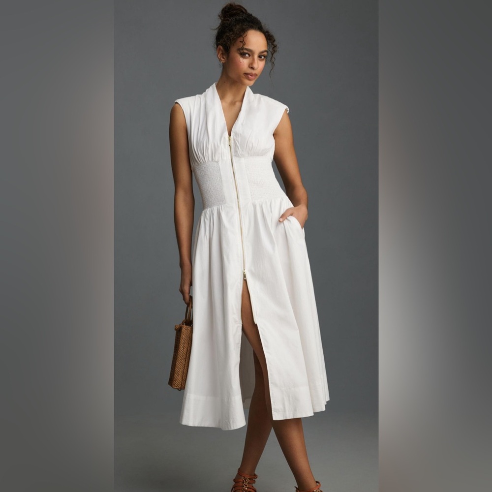 The Tommie Cap-Sleeve Smocked Front-Zip Shirt Dress